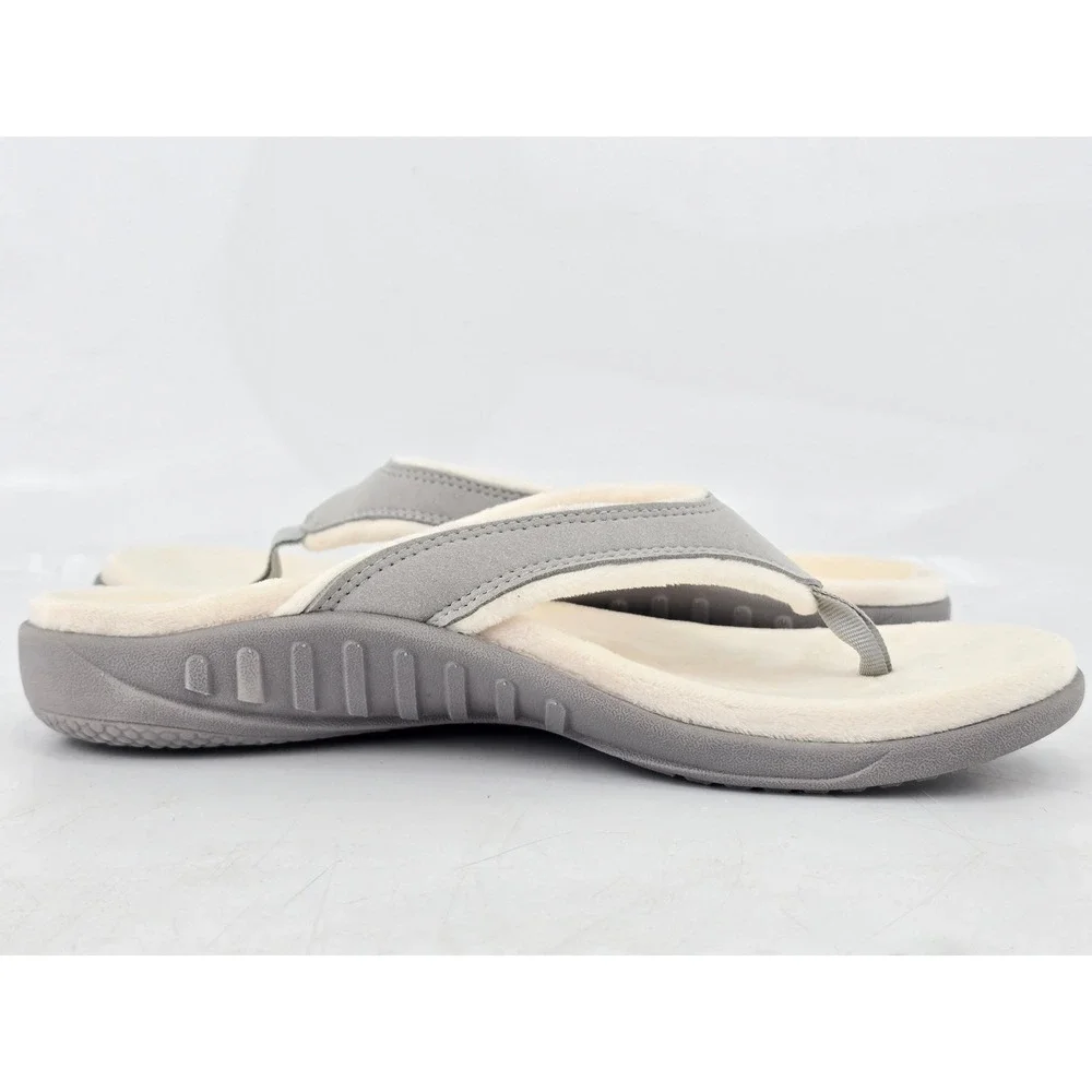 Spenco Yumi Plush Thong Sandals Womens 10 Grey Faux Fur Orthotic Flip Flops -VG